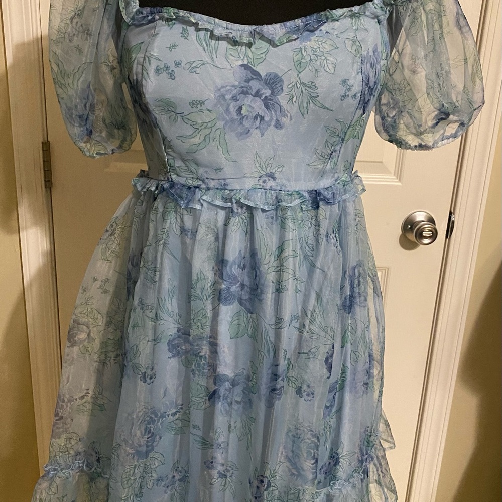 Altar’d State Floral Blue Puff Sleeve Dress - Size XL